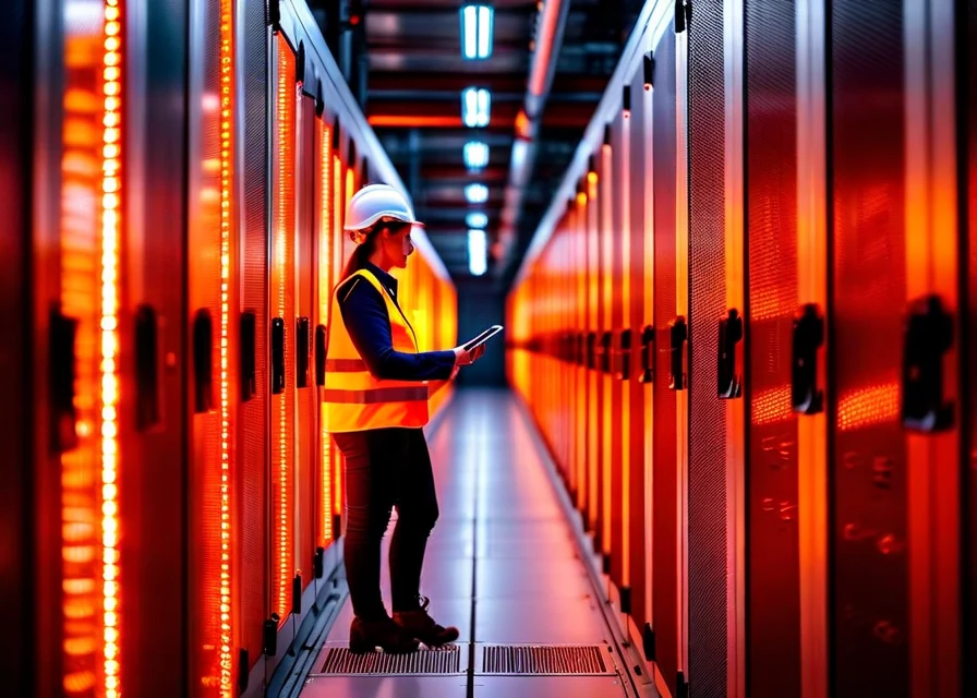 Engineer inspecting battery storage units in a grid facility