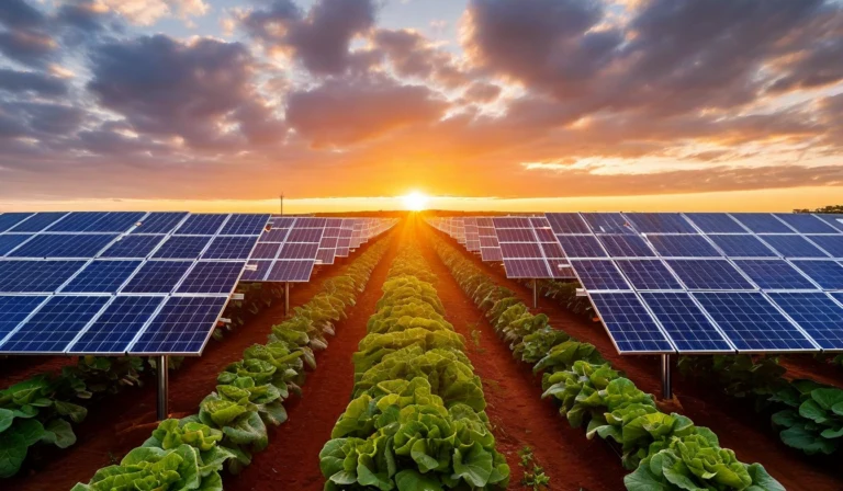 Solar panels mounted above growing crops on a farm