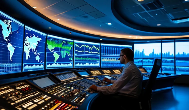 Grid operator reviewing live dashboard on large monitors