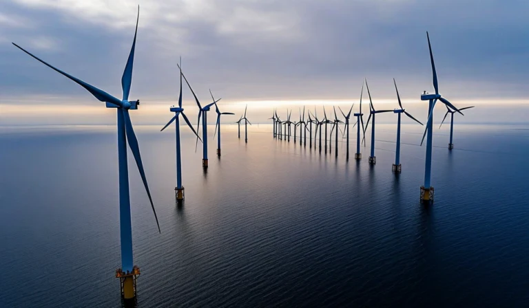 Offshore wind turbines in open ocean, aerial view