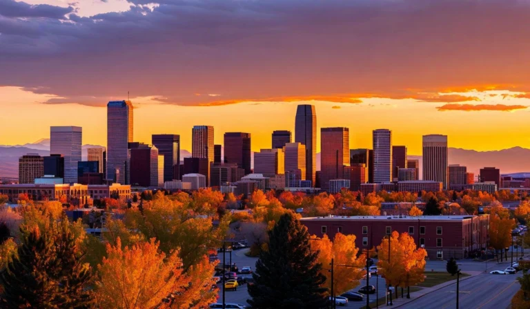 Denver city skyline with the Rockies visible at sunset