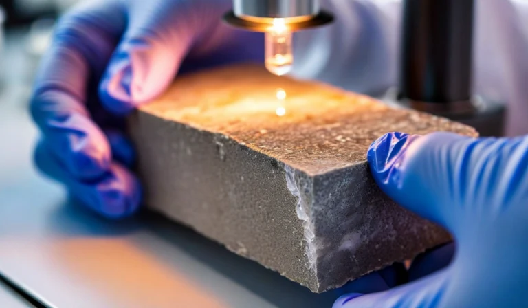 Concrete block cross-section under lab examination