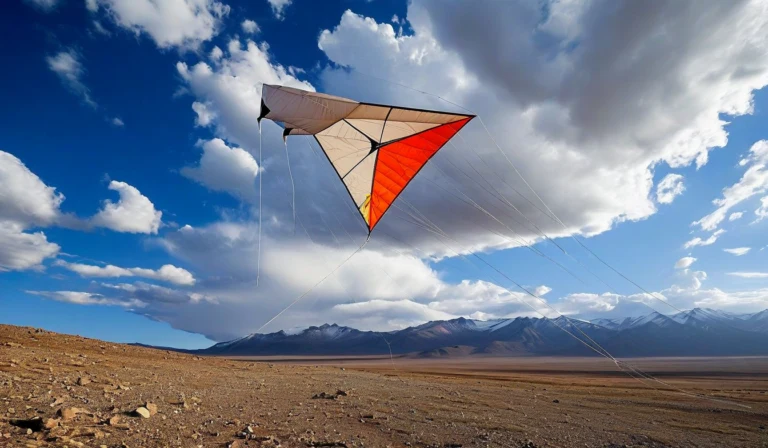 Airborne kite with tether lines over remote mountain terrain